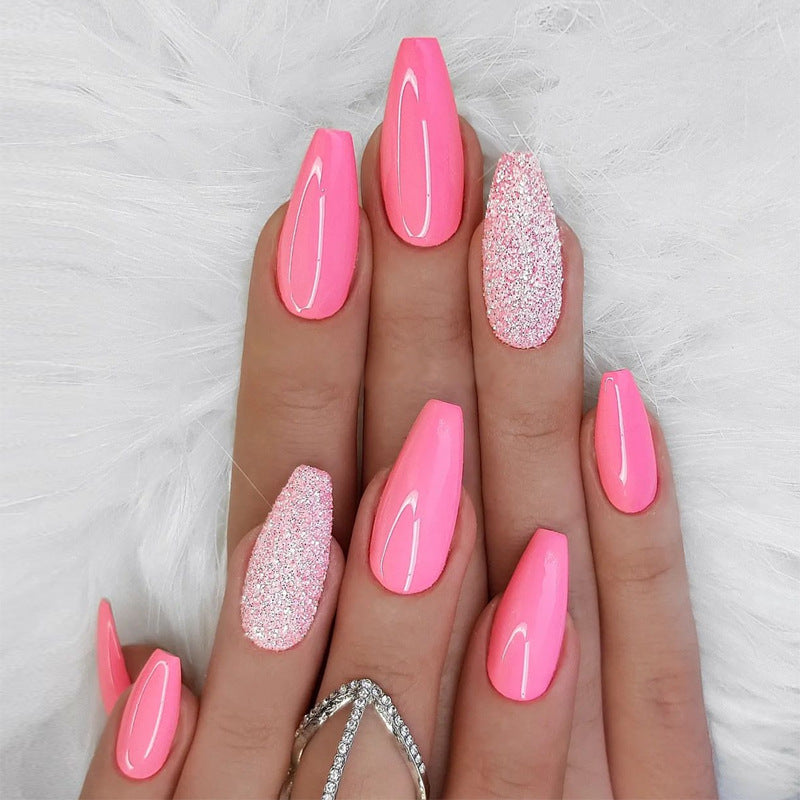 Tropical Glam Long Coffin Shaped Bright Pink Nail Set with Glitter Accent