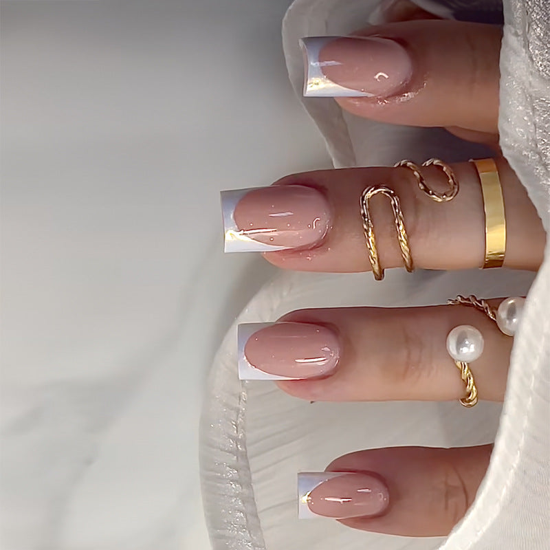 Elegant Dreams Medium Square Beige with White Tips and Gold Accents Press-On Nail Set