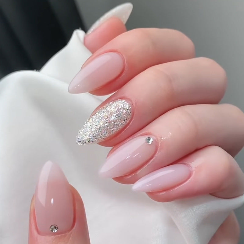 Elegant Fairy Tale Glamour Medium Almond Shaped Soft Pink and Sparkling Glitter Accent Press On Nail Set