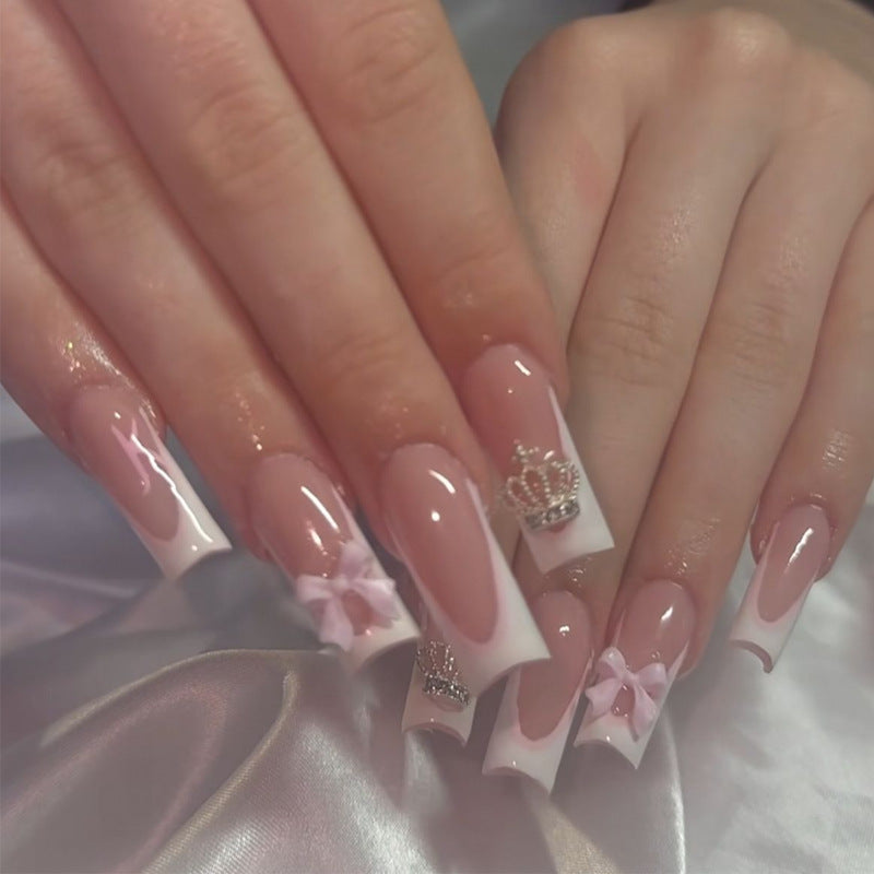 Royal Elegance Long Square Blush Pink Press On Nail Set with Crown and Bow Accents