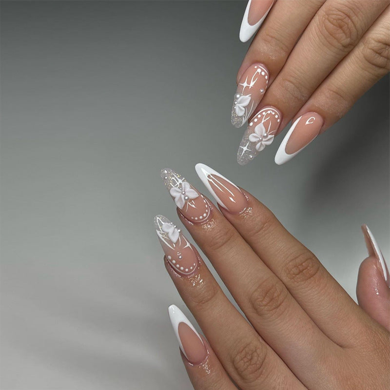 Enchanted Elegance Long Almond White with Floral Accents Press On Nail Set