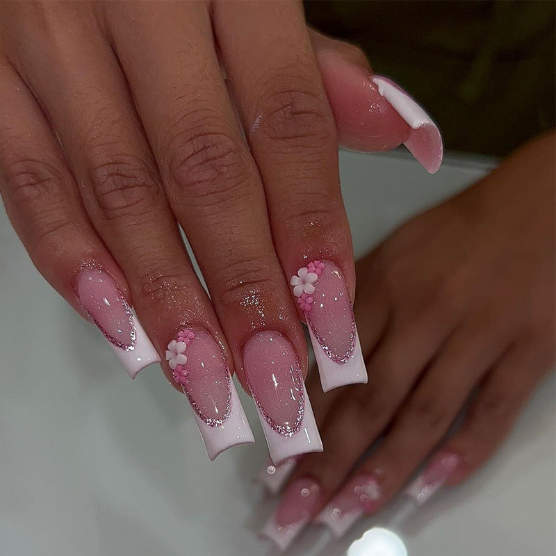 Blooming Elegance Long Square Pink and White Nails with Charming Floral Accents
