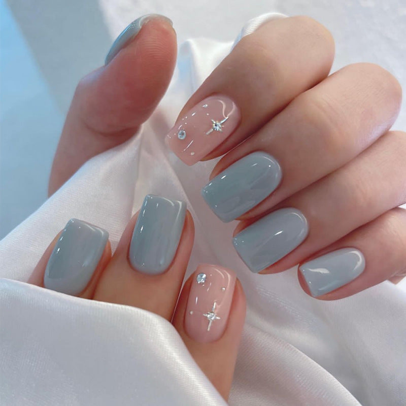 Celestial Elegance Medium Square Gray and Pink Press On Nail Set with Sparkling Accent