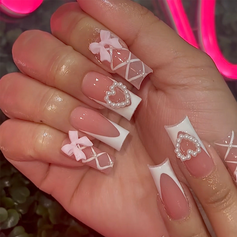 Romantic Elegance Long Square Pink and White Press On Nail Set with Heart and Pearl Accents