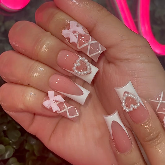 Romantic Elegance Long Square Pink and White Press On Nail Set with Heart and Pearl Accents