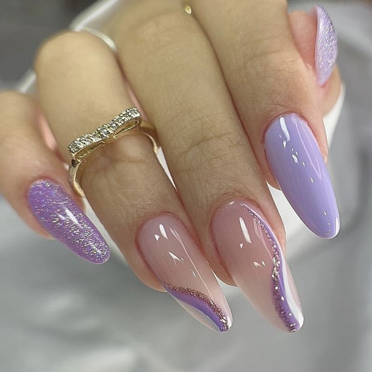 Whimsical Dreamscape Long Almond Lilac and Glitter Gradient Press-On Nail Set
