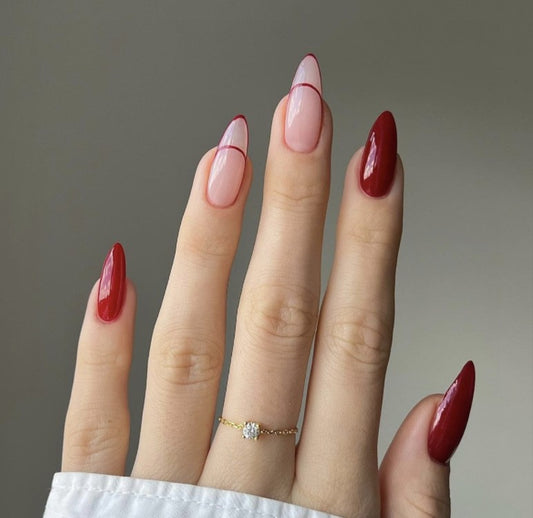 Enchanting Elegance Long Stiletto Burgundy and Pastel Pink with Chic Accent Line Nail Set
