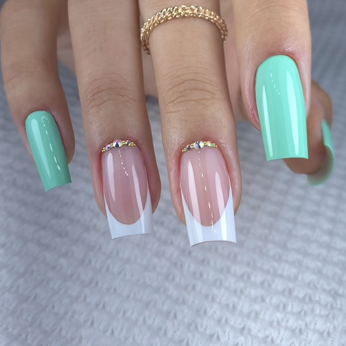 Ocean Breeze Medium Square Mint Green Press On Nail Set with Rhinestone Accent