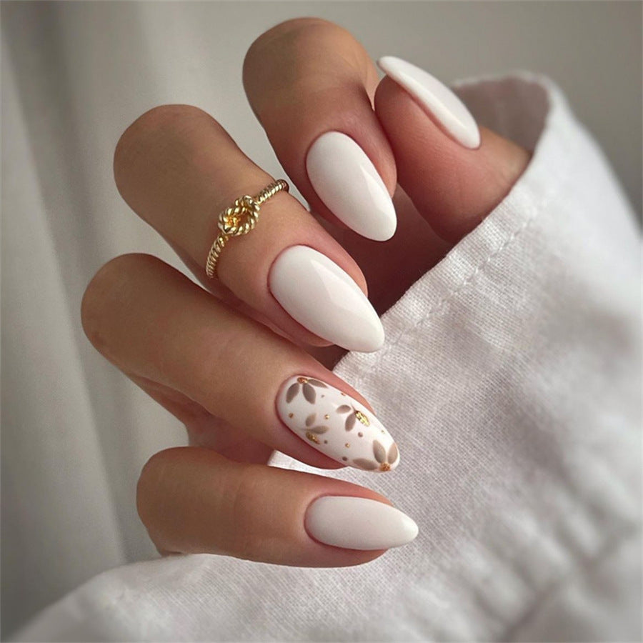 Elegant Serenity Long Almond White Press On Nail Set with Unique Artistic Accent Design