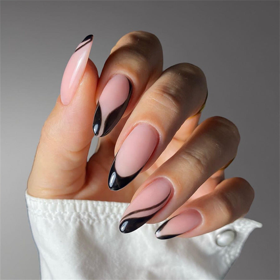 Chic Minimalist Long Almond Pink and Black Ombre Nail Set