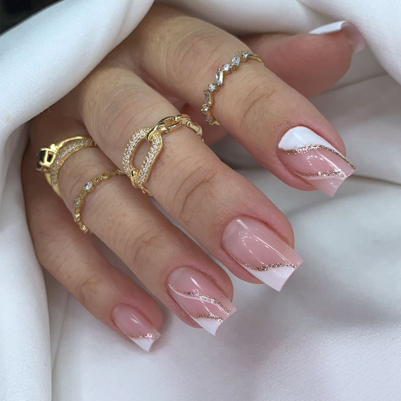 Glamorous Elegance Short Square Soft Pink with Glittery Swirls Press On Nail Set