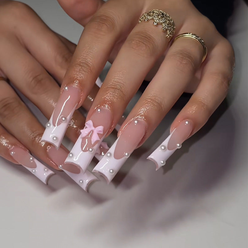 Charming Whimsical Long Square White Press On Nails with Glossy Finish and Cute Bow Detail