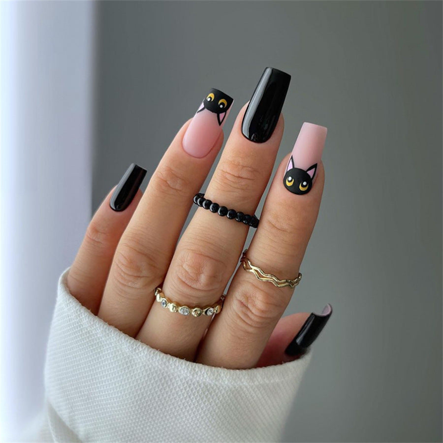 Whimsical Cat Themed Long Square Black and Pink Press On Nail Set with Adorable Cat Face Designs