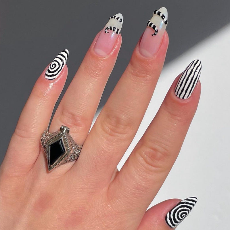 Mystical Whimsy Almond Long Black and White Striped Design with Spiral Accents Press On Nail Set