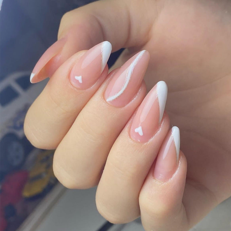 Dreamy Romance Elegant Long Almond Pink with White Heart Accent Press On Nail Set