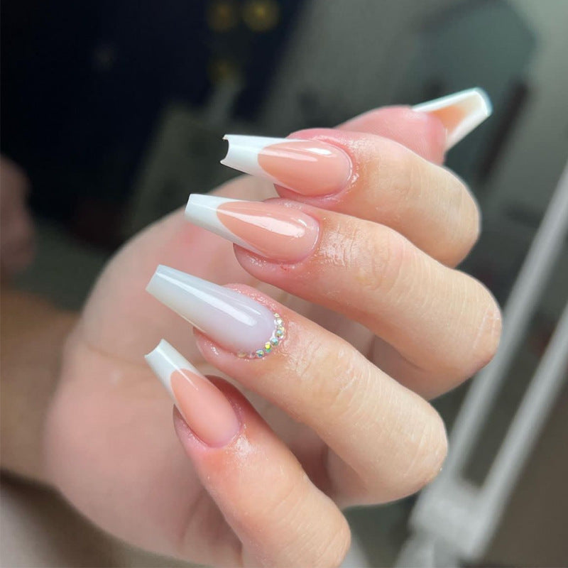Chic Elegance Long Coffin Shaped Ombre Press On Nail Set with Dazzling Rhinestone Accent