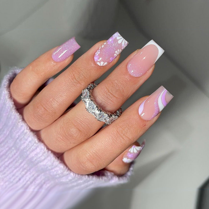 Whimsical Lavender Long Square Press-On Nail Set with Glitter and Floral Designs