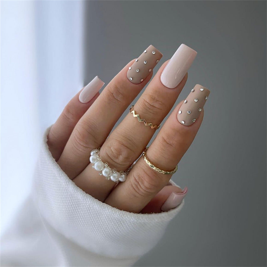 Elegant Jewel Long Square Beige with Pearl Accents Press-On Nail Set