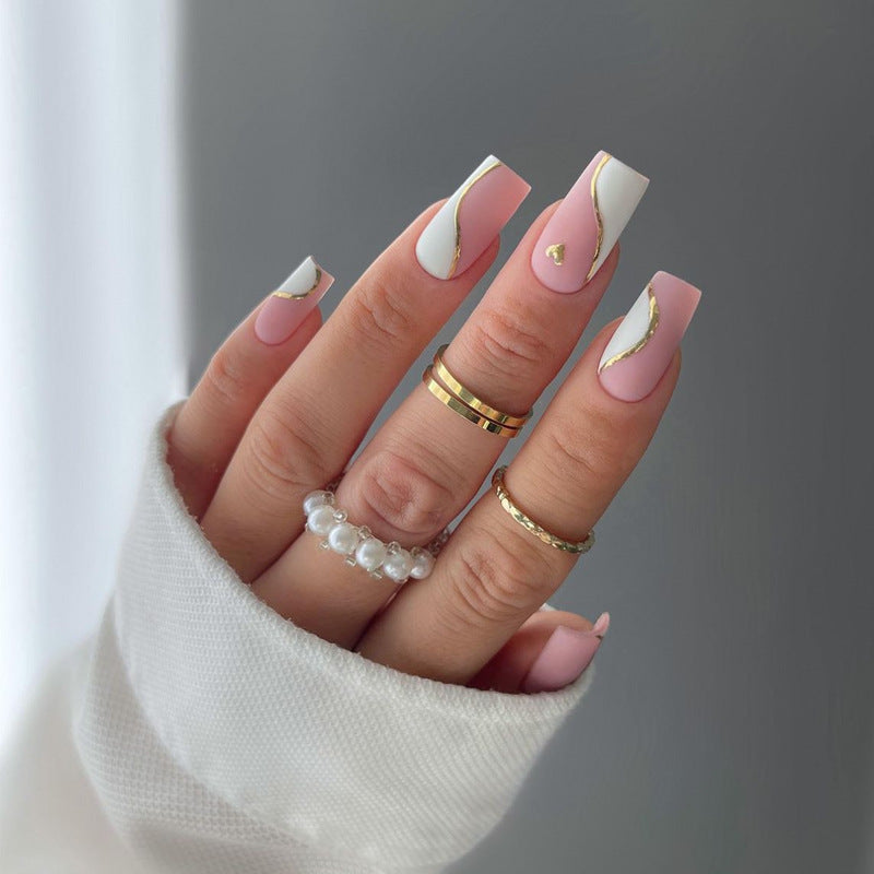 Elegant Enchantment Long Square Soft Pink and White with Gold Accent Press-On Nail Set