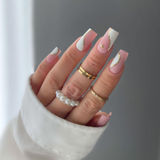 Elegant Enchantment Long Square Soft Pink and White with Gold Accent Press-On Nail Set