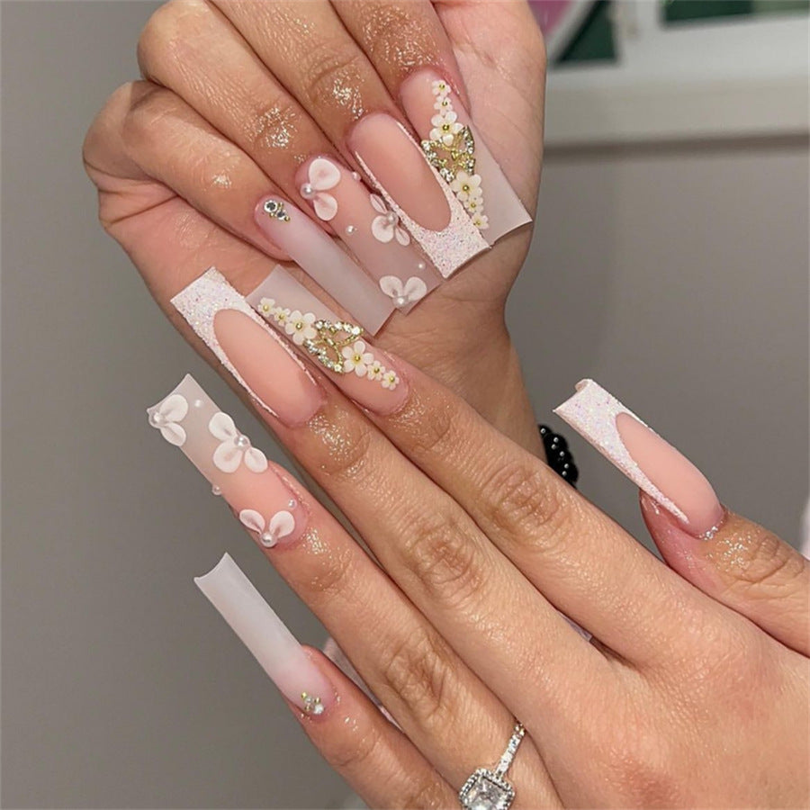 Dreamy Floral Elegance Long Square Transparent with Glitter and Flower Accents Press on Nail Set