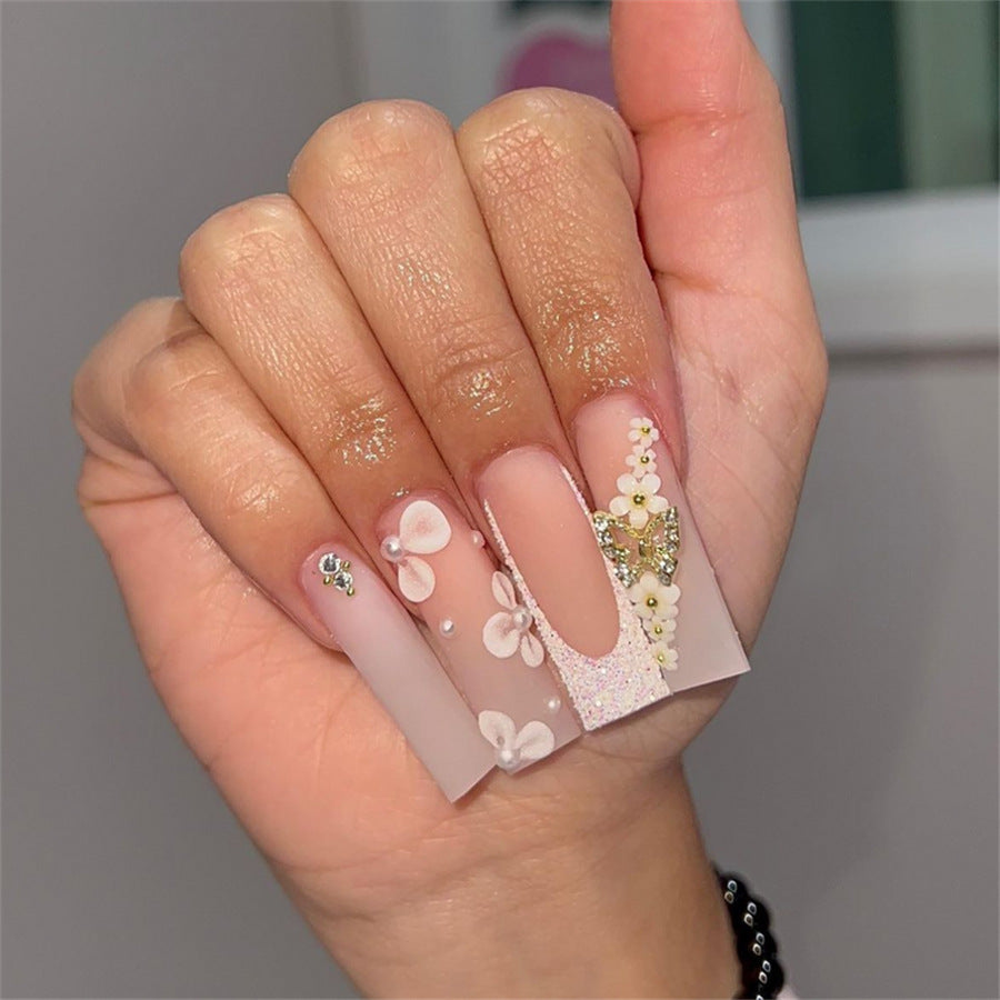 Blossom Dream Long Square Soft Pink with Floral Embellishments Press On Nail Set
