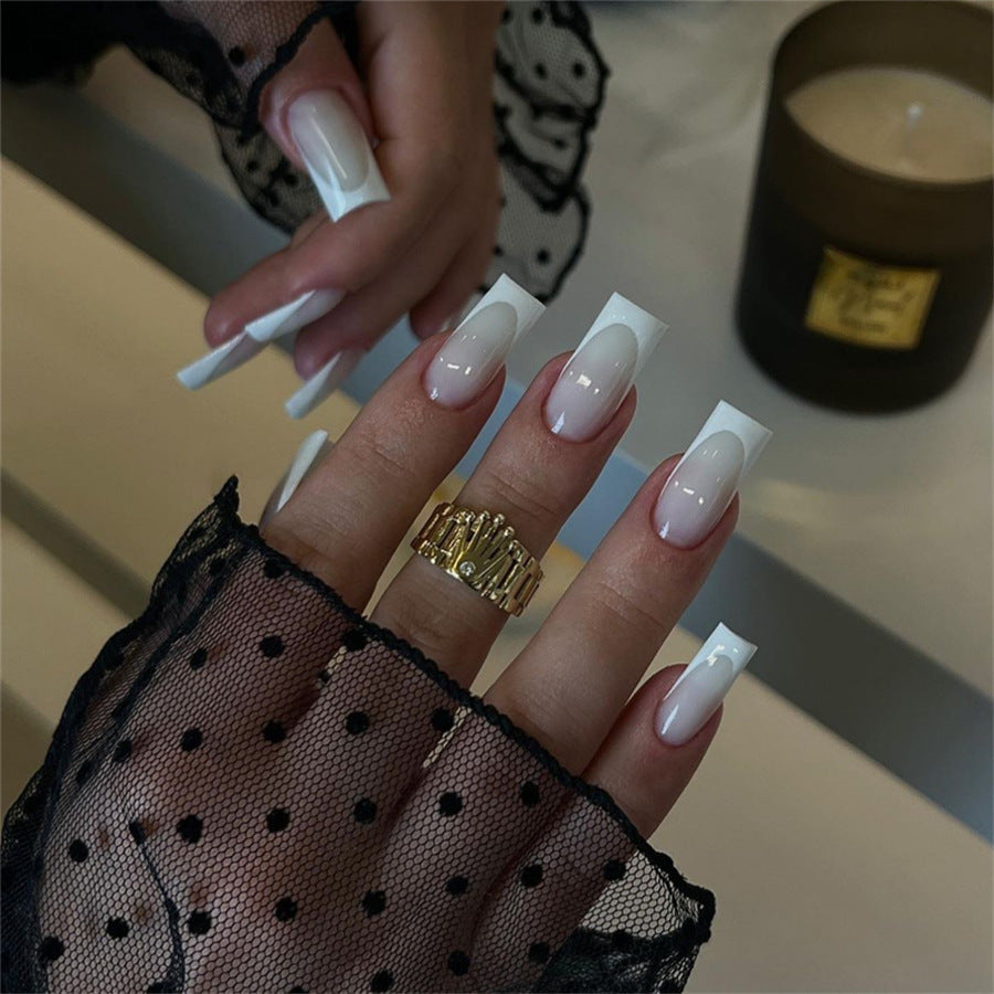 Elegant Dreamy Long Square White Ombre Press On Nail Set with Glossy Finish