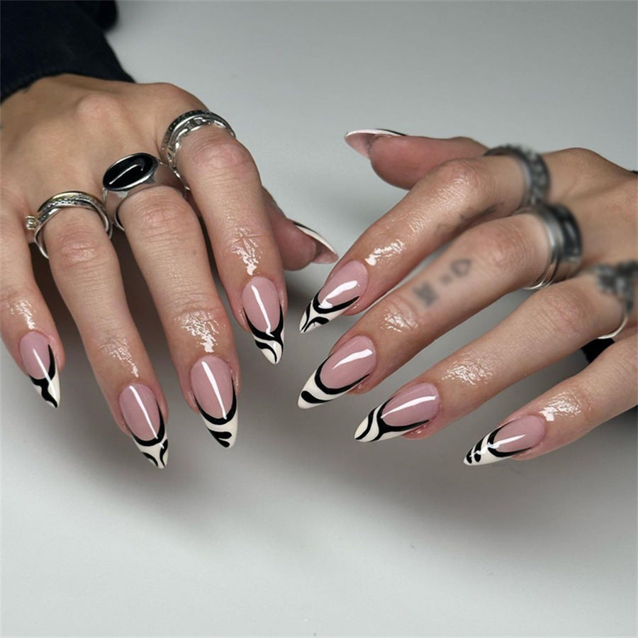 Chic Noir Long Almond Pink and White Swirl Press-On Nail Set