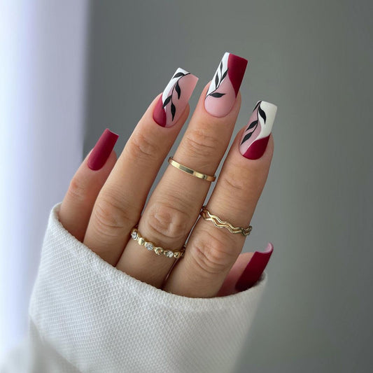 Elegant Romance Medium Square Burgundy and Soft Pink Nail Set with Artistic Leaf Design