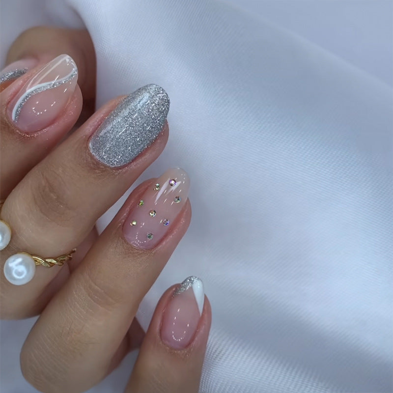 Glamorous Elegance Shimmering Silver and Blush Short Squoval Shaped Press-On Nail Set with Sparkling Gem Accents