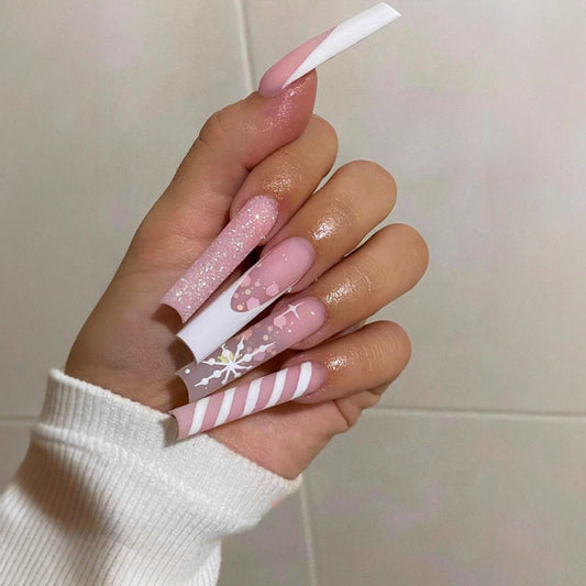 Winter Wonderland Long Square Pink and White Nail Set with Glitter and Snowflake Design
