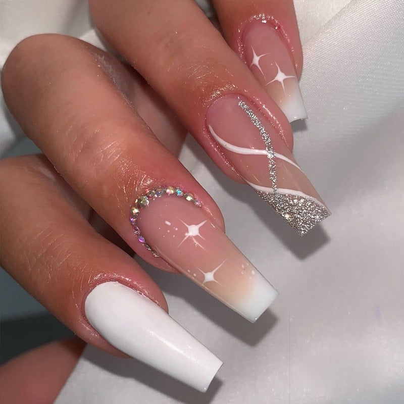 Celestial Glamour Long Square Ombre White with Iridescent Rhinestones and Glitter Accent Press-On Nail Set