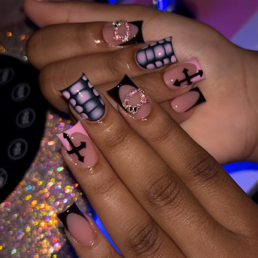 Gothic Elegance Short Square Black Pink Marble Press On Nail Set with Glamorous Rhinestone Accents