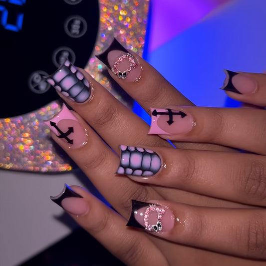 Gothic Vibes Short Square Pink and Black Press On Nail Set with Unique Skull Accent