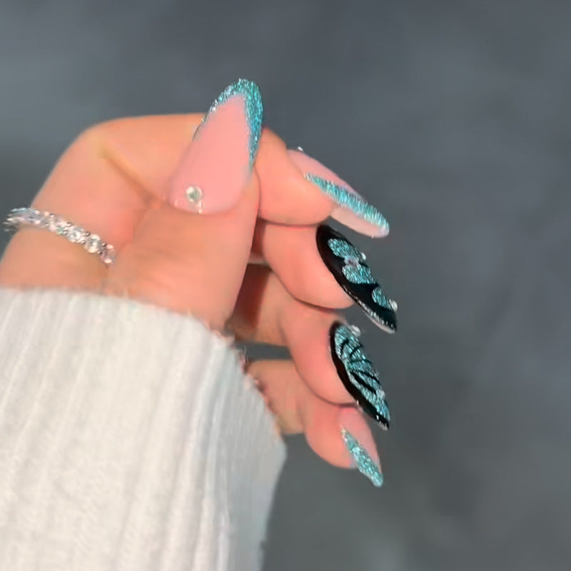 Ocean Breeze Iridescent Long Stiletto Teal and Pink Nail Set with Intricate Floral Design