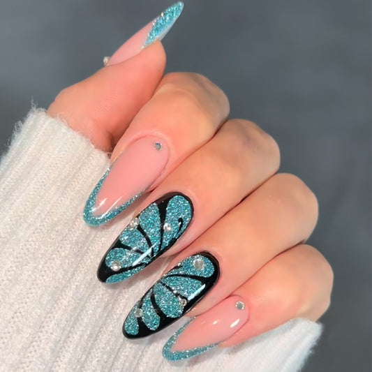 Enchanted Garden Long Stiletto Glittering Aqua and Black Press on Nail Set with Floral Accent