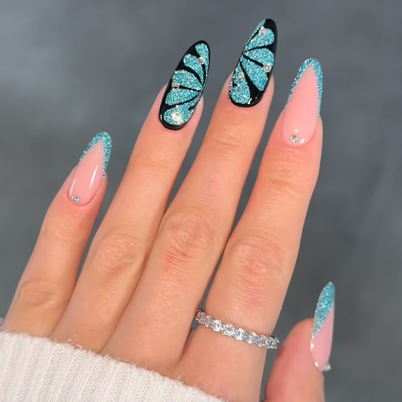 Enchanting Elegance Long Almond Shaped Aqua Glitter with Stunning Rhinestone Accents Press On Nail Set