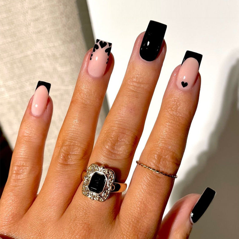 Romantic Elegance Medium Square Pink and Black Nail Set Featuring Heart Designs