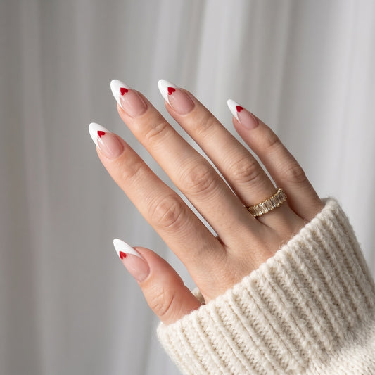 Romantic Medium Stiletto White with Red Heart Tips Press On Nail Set