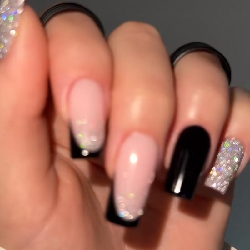 Glamorous Night Sky Medium Square Gradient Pink and Black Nail Set with Sparkling Accent