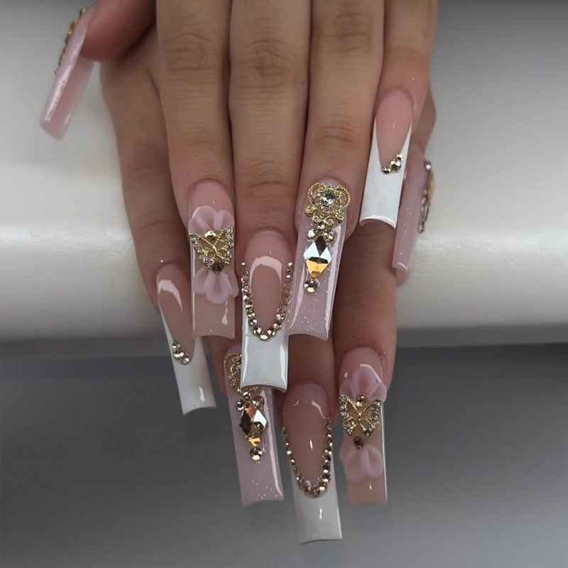 Whimsical Elegance Long Square Ombre Pink and White Press-On Nail Set with Stunning Gemstone Accents
