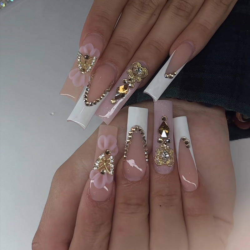 Glamorous Elegance Long Square Pink and White Nail Set with Stunning Floral and Gemstone Accents