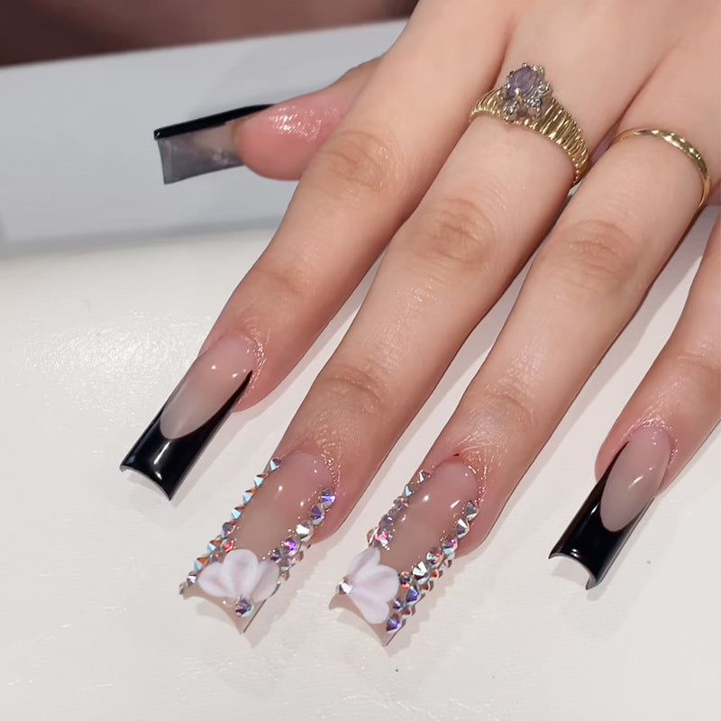 Glamorous Elegance Long Square Black and Clear Press On Nail Set with Stunning Rhinestone Detail