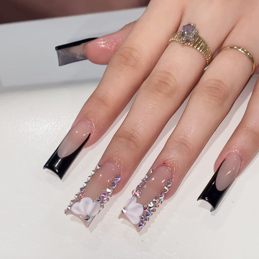 Glamorous Elegance Long Square Black and Clear Press On Nail Set with Stunning Rhinestone Detail