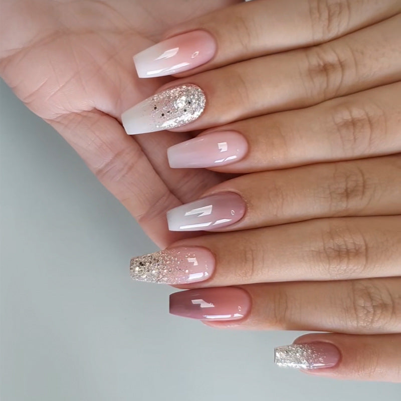 Glamorous Oasis Long Coffin Beige Gradient with Sparkling Glitter Press on Nail Set