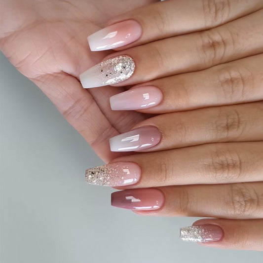 Glamorous Oasis Long Coffin Beige Gradient with Sparkling Glitter Press on Nail Set