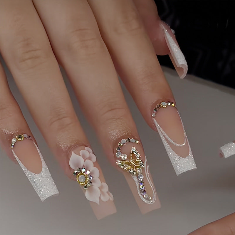 Chic Floral Elegance Long Square White with Rhinestone Accents and Flower Design Press On Nail Set