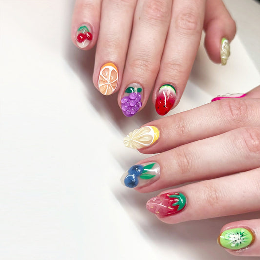 Fruity Delight Short Oval Multicolor Nail Set with Intricate Fruit Designs
