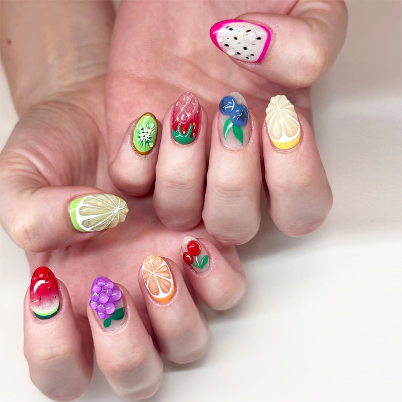 Tropical Fruit Inspired Short Almond Colorful Artistry Nail Set