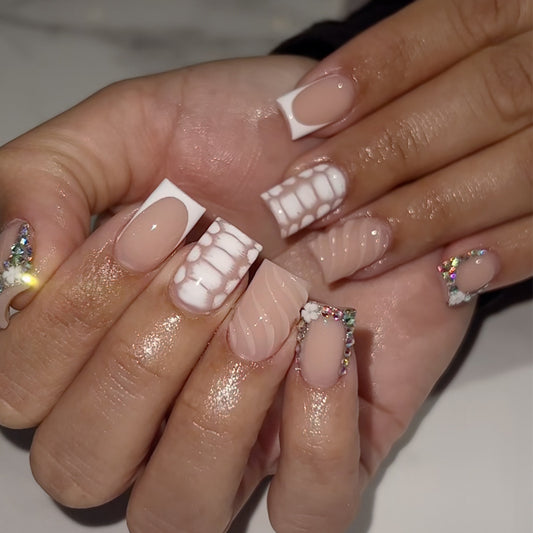 Elegant Garden Inspired Short Square White and Beige Nails with Unique Textured Designs and Shimmering Rhinestone Accents